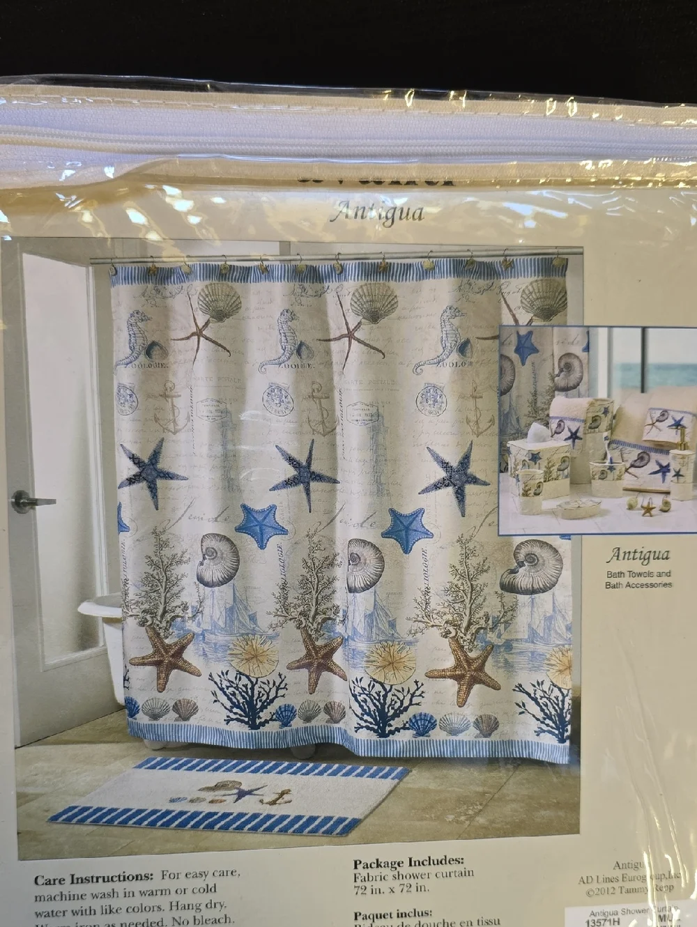 Antigua Nautical Starfish & Seashell Shower Curtain - New! Blue, Cream, Brown